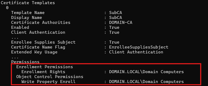 Figure 1 -An example of a certificate template with enrolment rights for Domain Computers but not Domain Users.