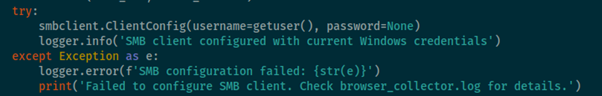 Figure 11 – Use of the smbclient library within the Python script.