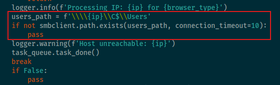 Figure 14 – Functionality to connect to the administrative share using the Python smbclient library.