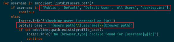 Figure 15 – Functionality to filter out specific user directories that are not relevant and looking for the browser directory for each user on the target endpoint.