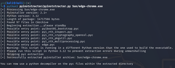 Figure 3 – Running pyinstxtractor against the infostealer.