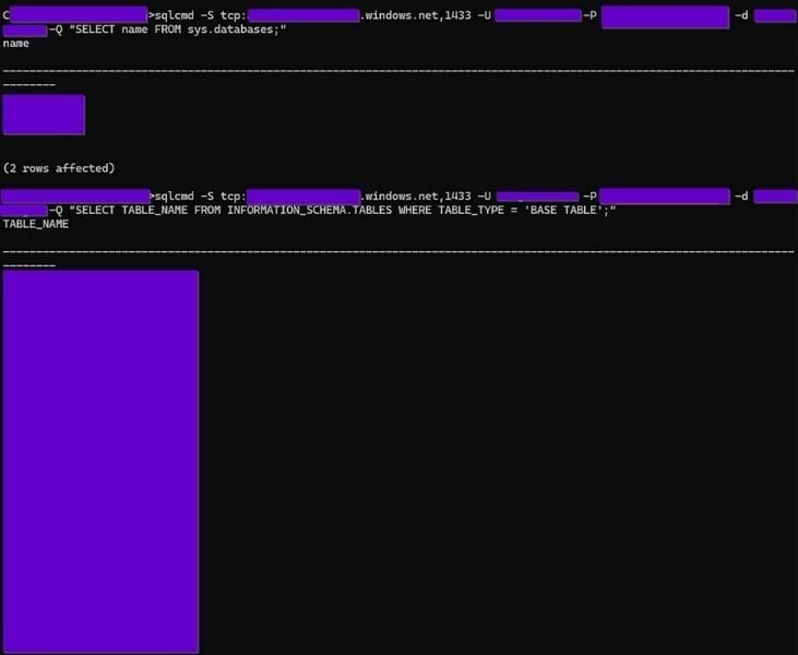 Shows a direct connection to the SQL Database using the credentials obtained