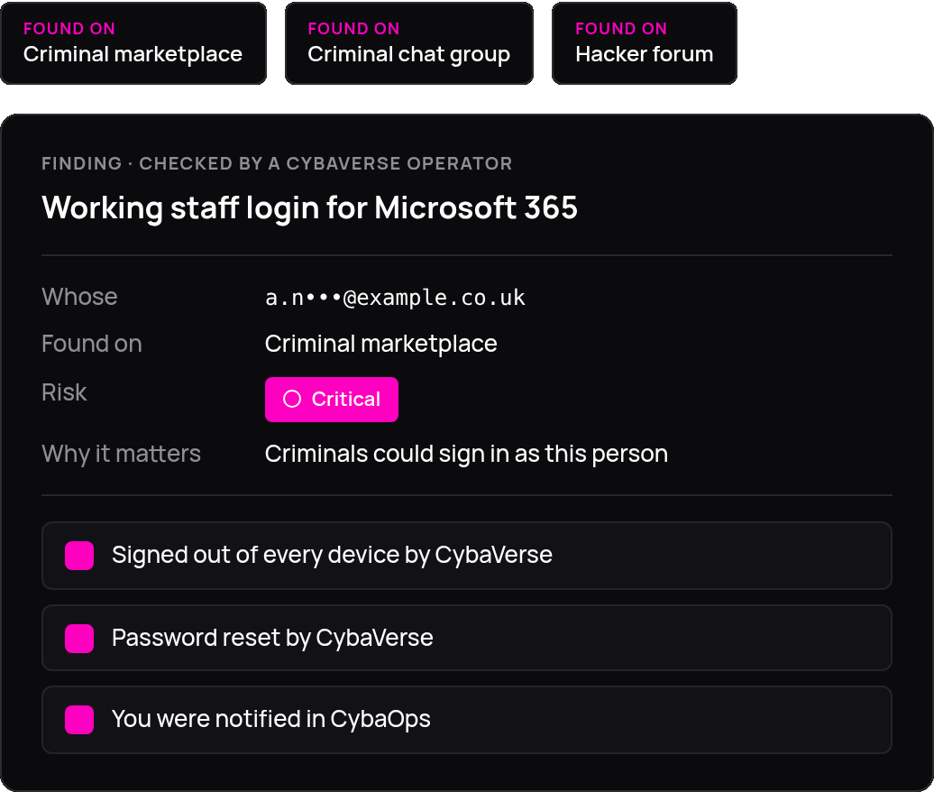 Example CybaVerse finding with the places it was found: criminal marketplace, criminal chat group and hacker forum